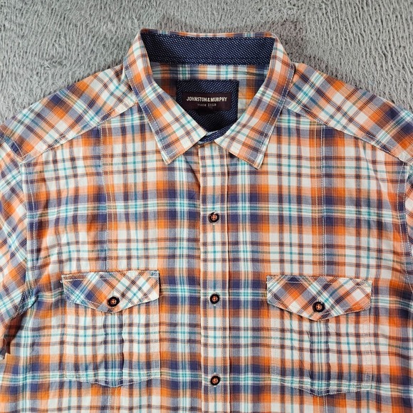 Johnston & Murphy Other - Johnston & Murphy Shirt Men Large Short Sleeve‎ Orange Green Blue Plaid